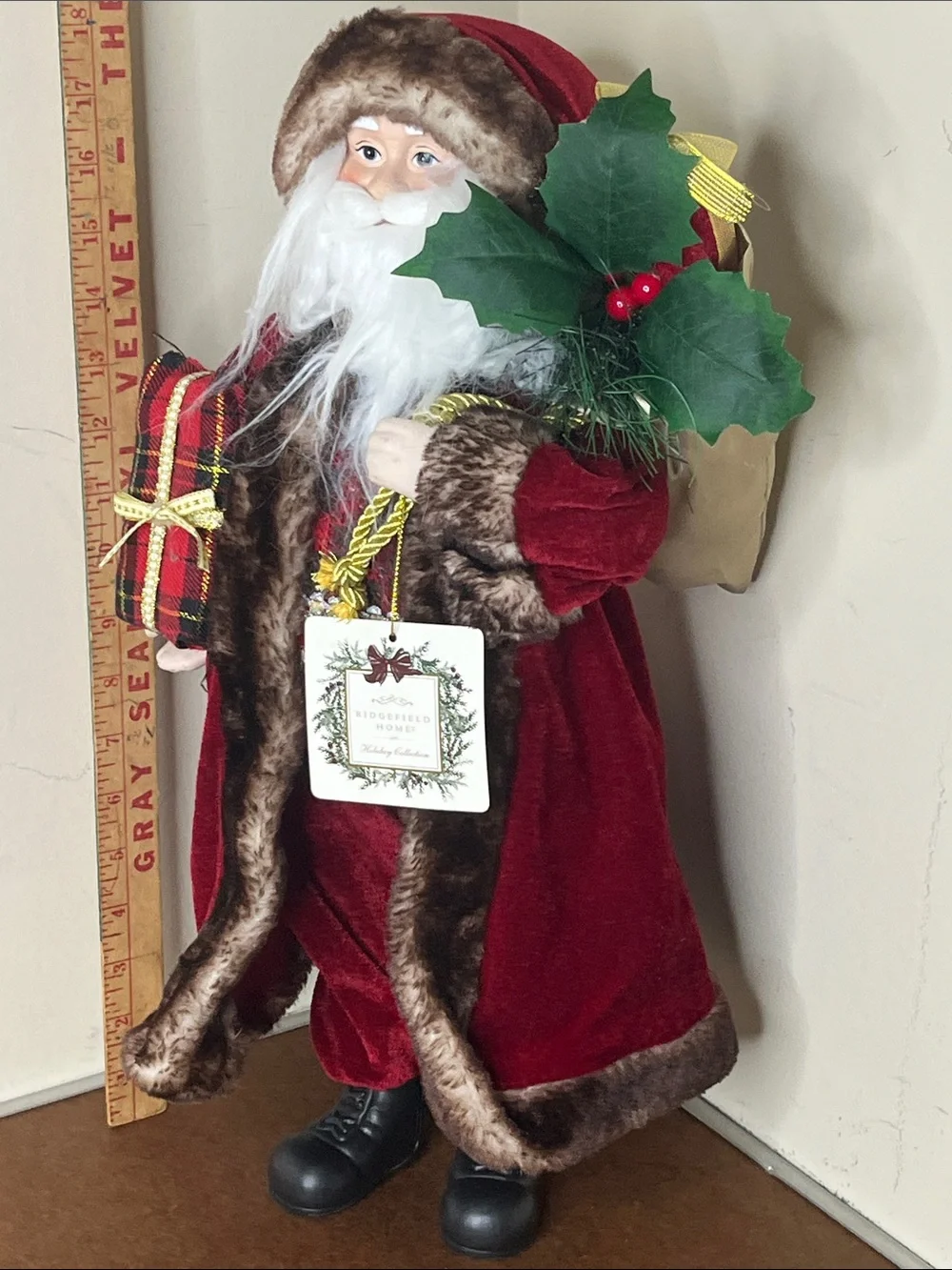 Classic Red Velvet Santa Figurine with Faux Fur Trim
